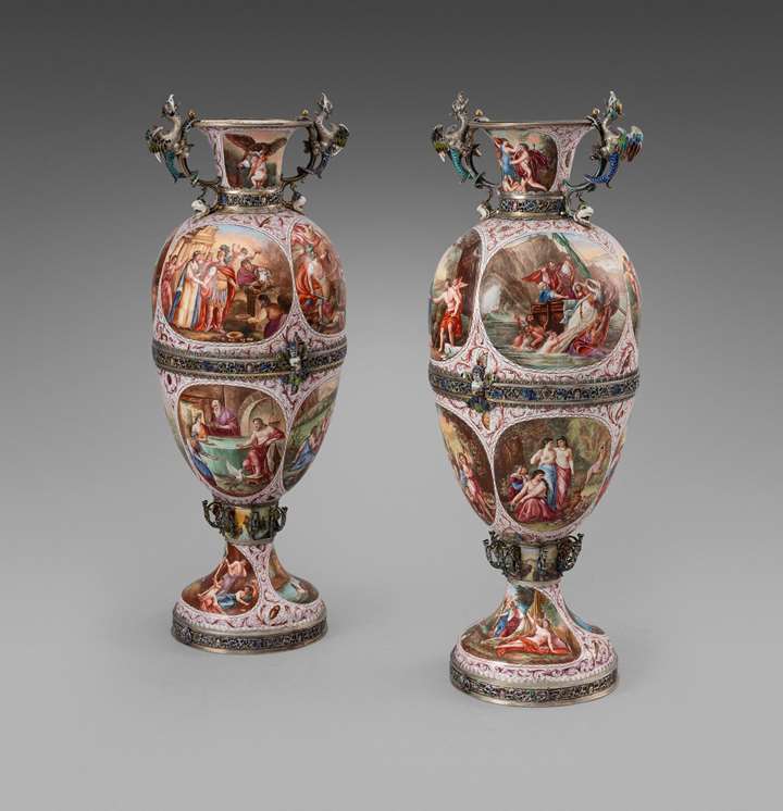 A large pair of silver-mounted enamelled vases